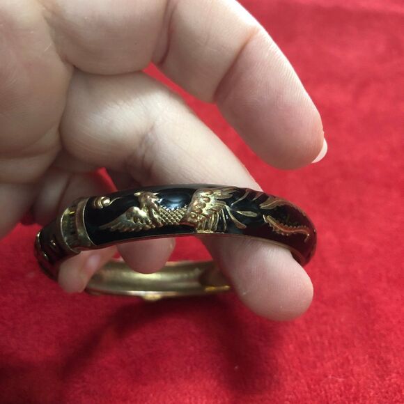 Vintage Black Enamel Hinged Bangle Bracelet Gold Tone Serpent Design by BTF - Picture 3 of 8